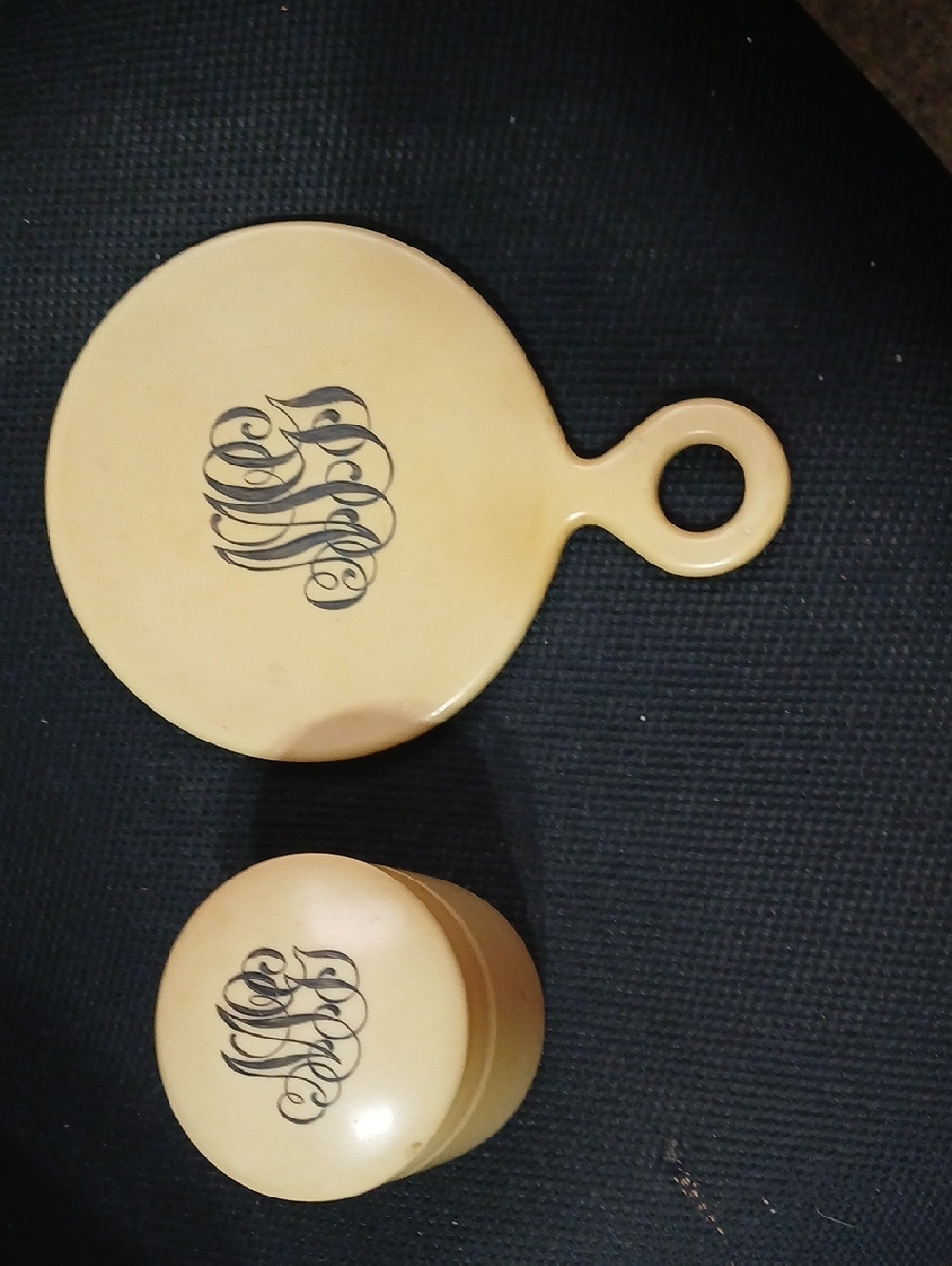Vintage Cream Vanity Jar and Hand Mirror Set